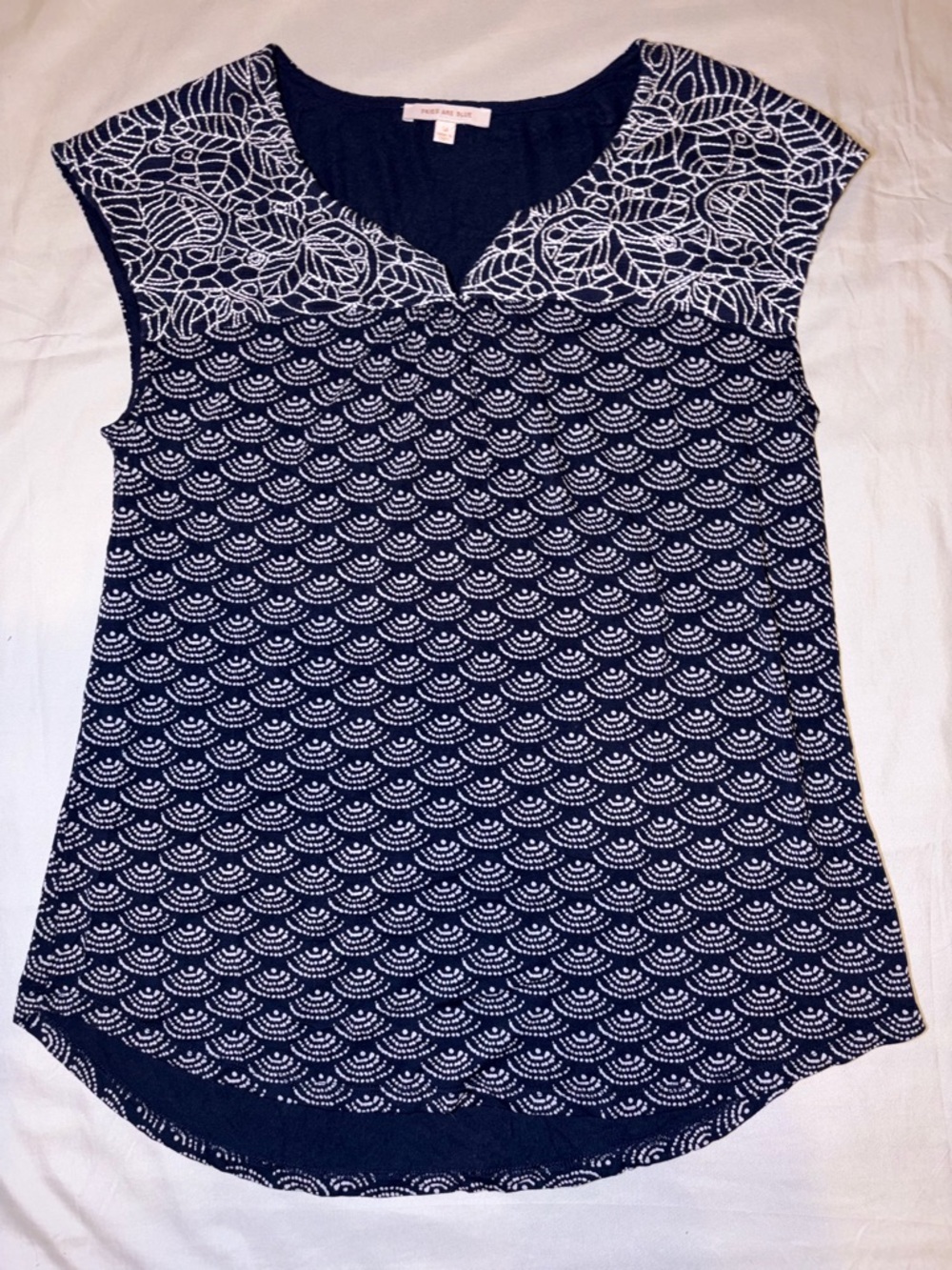 Skies Are Blue Navy & White Lace Yoke Cap-Sleeve Top